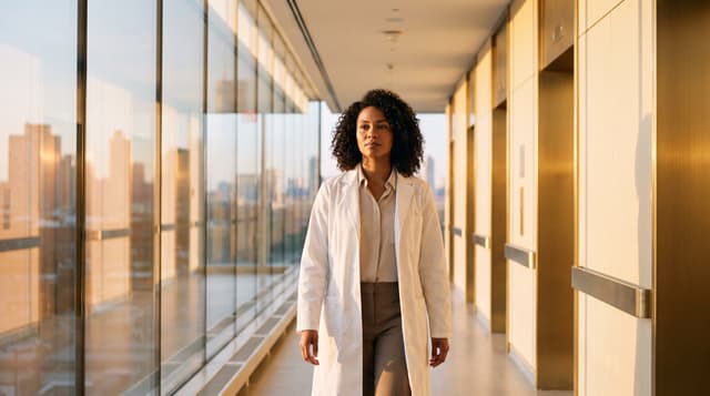 Doctor in a white coat walking down a hospital corridor in the morning