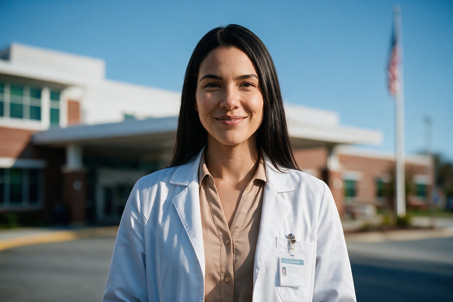 Doctor in a white coat walking down a hospital corridor in the morning